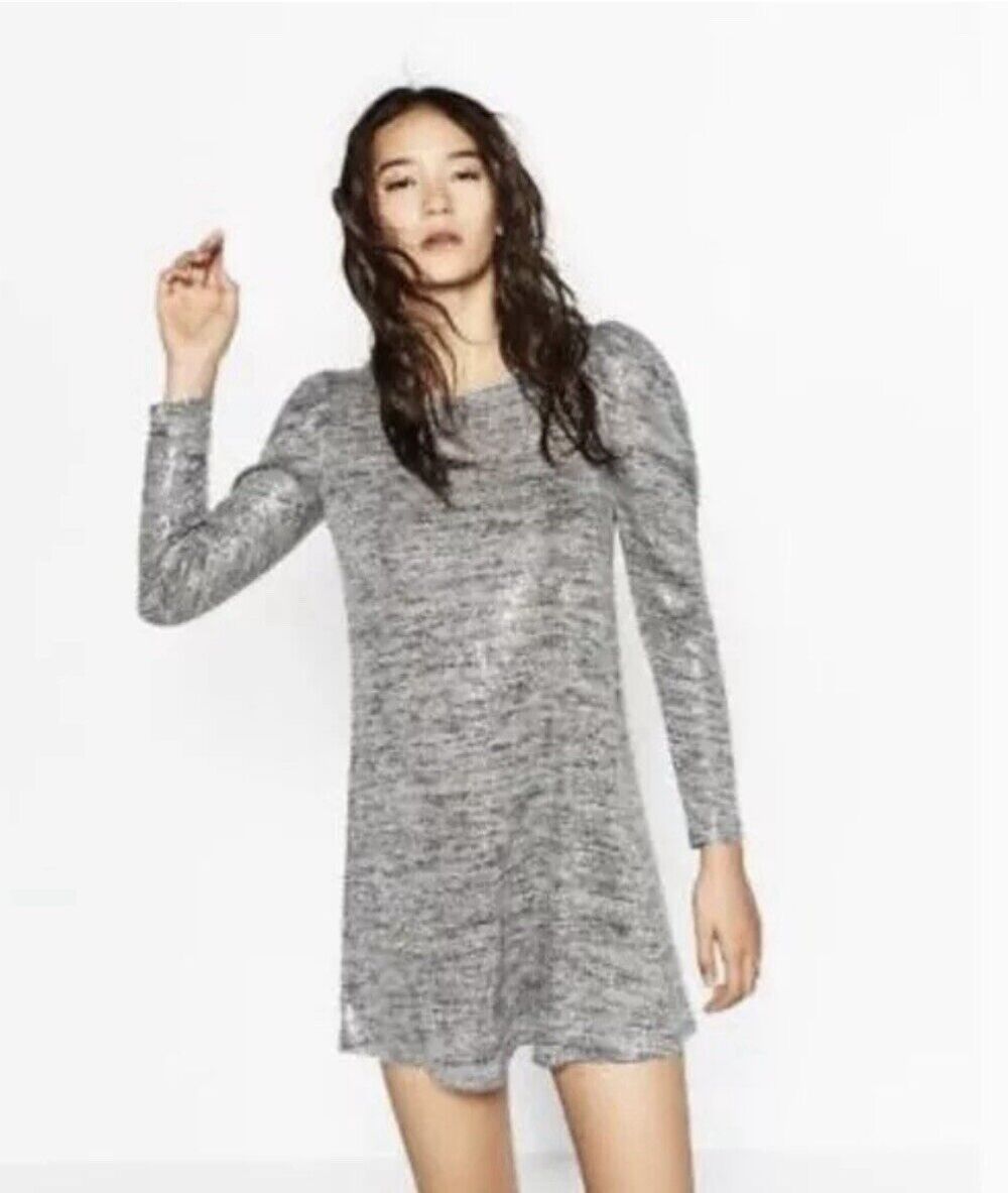 ZARA WOMEN'S HEATHER GRAY THIN KNIT LONG PUFF SLEEVE SEQUIN‎ MINI DRESS Sz Large - Picture 2 of 11